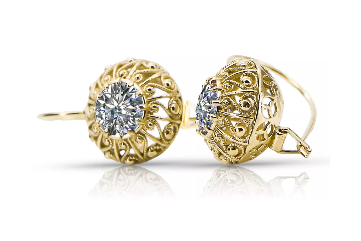 Or jaune 8 carats 333 Zircon des boucles d'oreilles vec002x-zi Russe Soviétique URSS Artisanat vintage Art Deco style